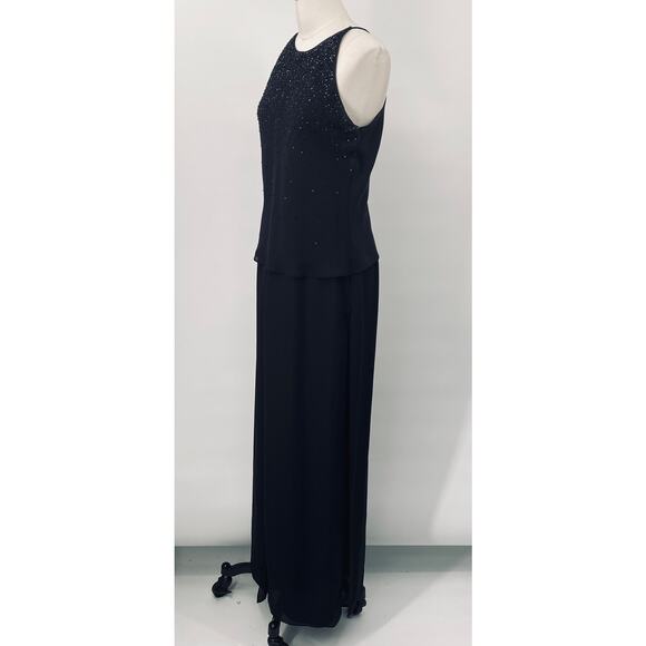 Vintage 90s Layered Beaded Jumpsuit Flowy Wide Leg Silky Chiffon Halter Black M - Picture 4 of 10